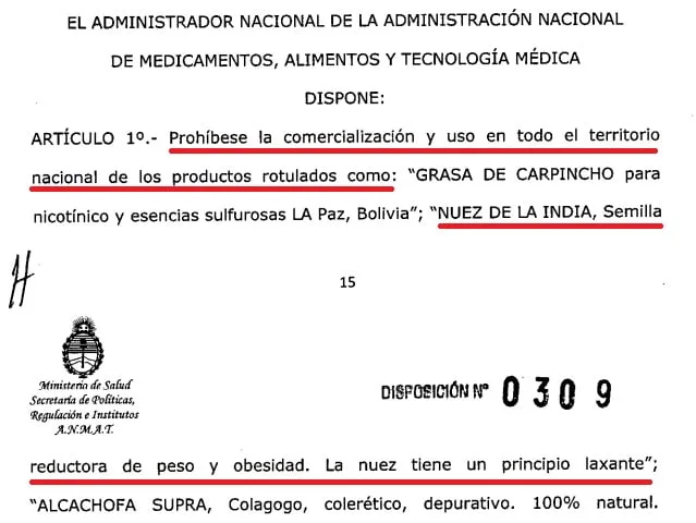 argentina anmat prohicion nuez de la india