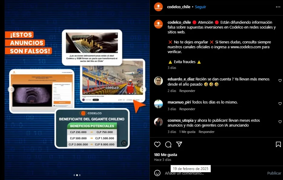 codelco instagram estafa